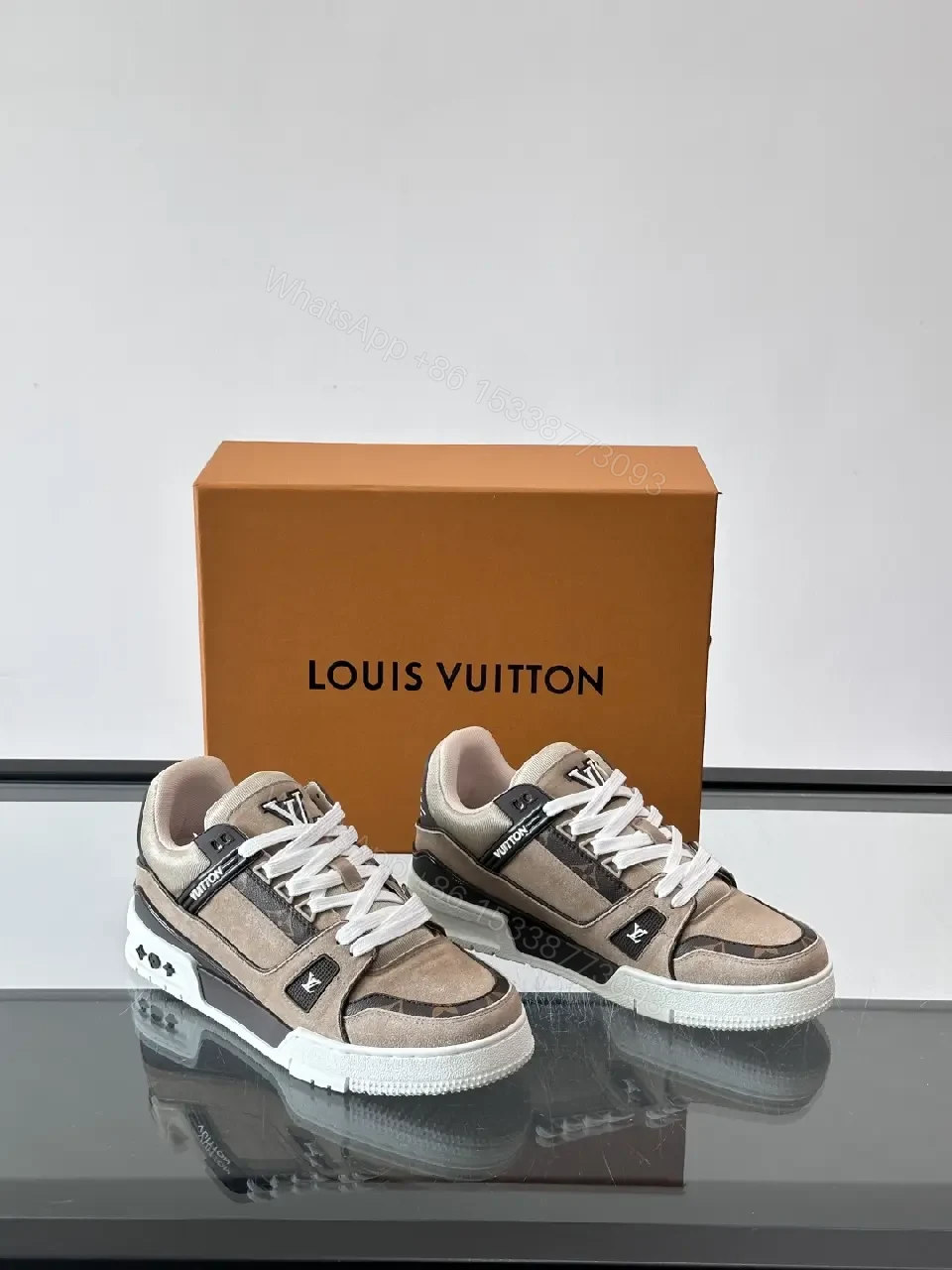 View 3 of Beige Suede Fabric Style Trainer Louis Vuitton Inspired Sneakers