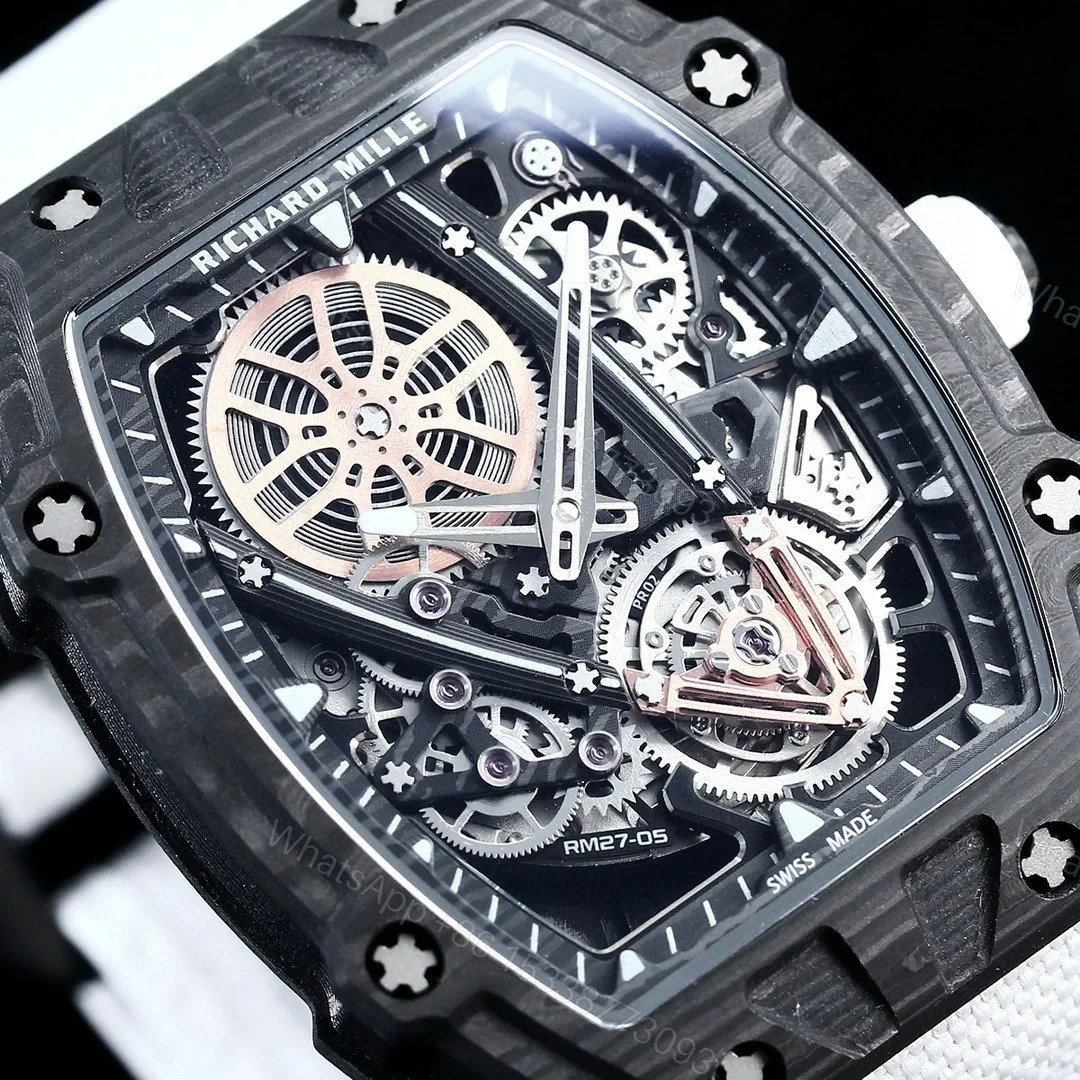 View 4 of Richard Mille RM27-05 Rafael Nadal Flying Tourbillon Watch White Strap Ultra Light Carbon TPT Skeleton 38g Ultra Thin 9MM Premium Edition RM-RM27-05-RN-WHT-F38