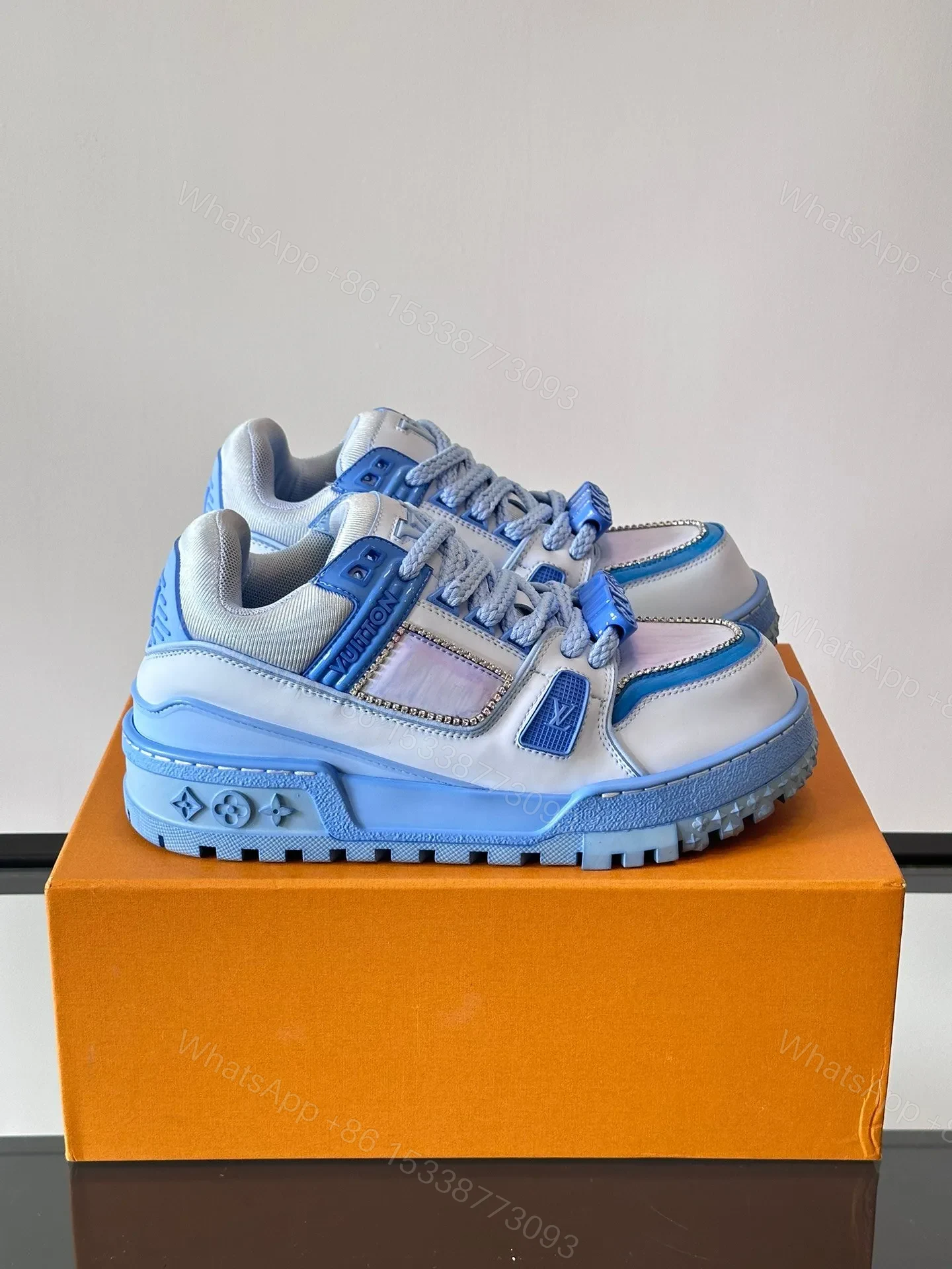 LV Men Light Blue Leather And Fabric Sneakers — view 1