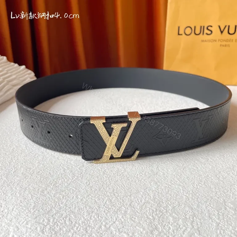 View 5 of Refined Black Textured Leather Belt with Gold LV Buckle