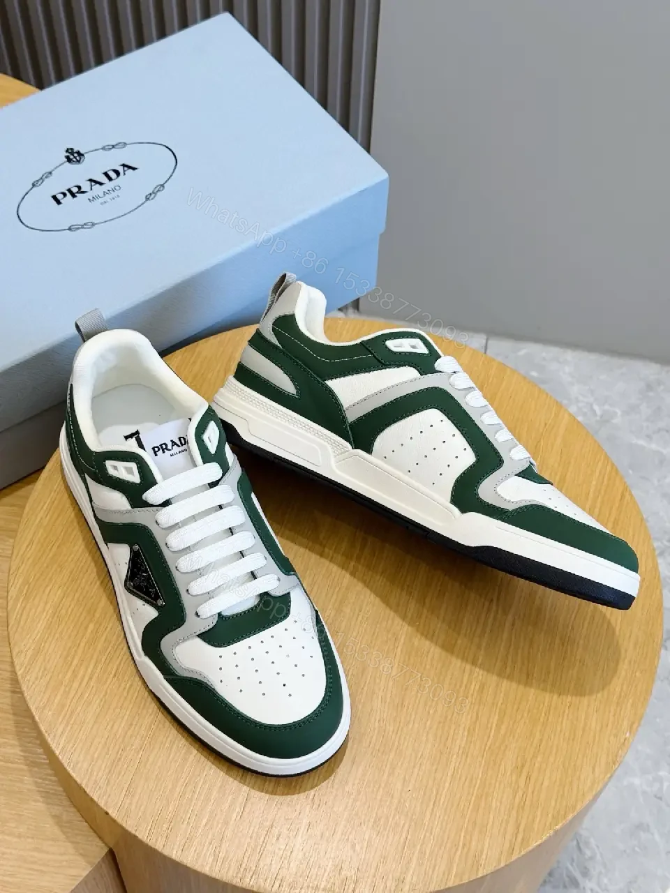 View 6 of Green Leather Runner Sneaker with White Laces Prada Style Sneakers
