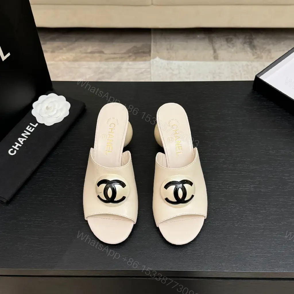 View 3 of Ivory Leather Block-Heel Slides with Interlocking Hardware