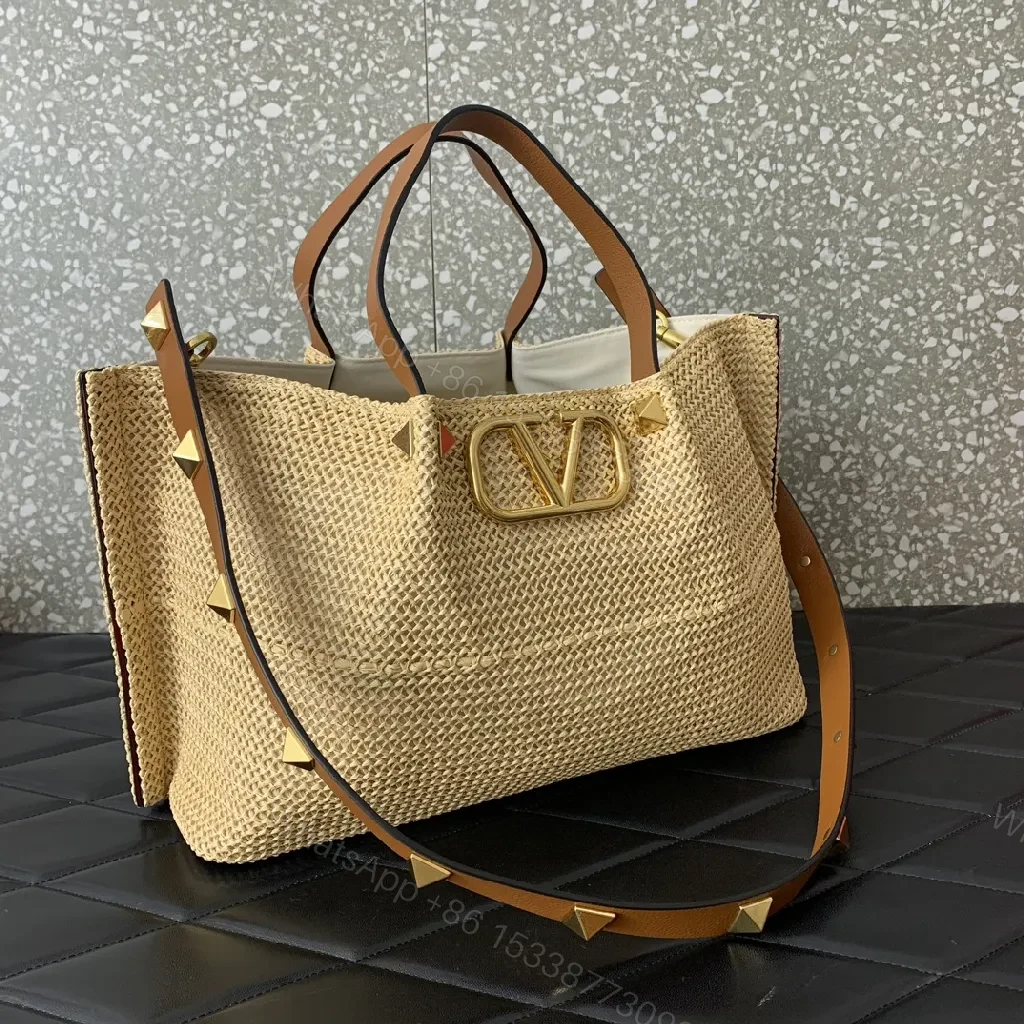 View 9 of Gleaming Straw Tote with Gold Crest, Everyday Luxe