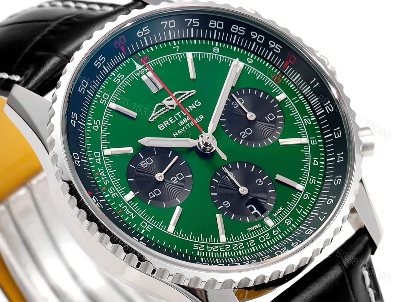 View 3 of Super Clone Breitling Navitimer B01 Green Leather Strap 43MM Premium AB0138241L1P1