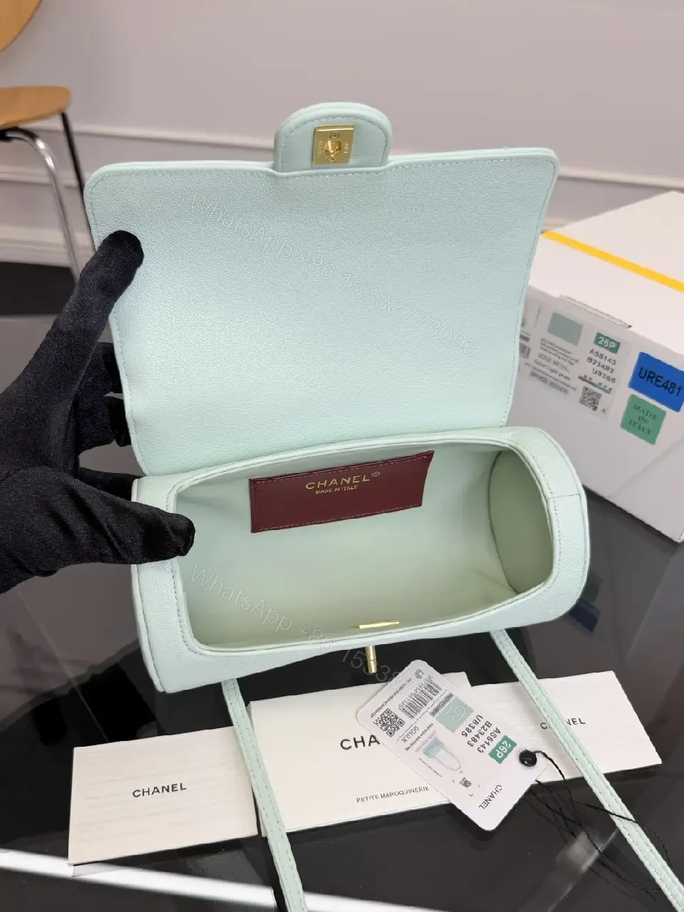 View 9 of Mint Textured Mini Bag with Gold Logo, Crossbody-Optional Luxury