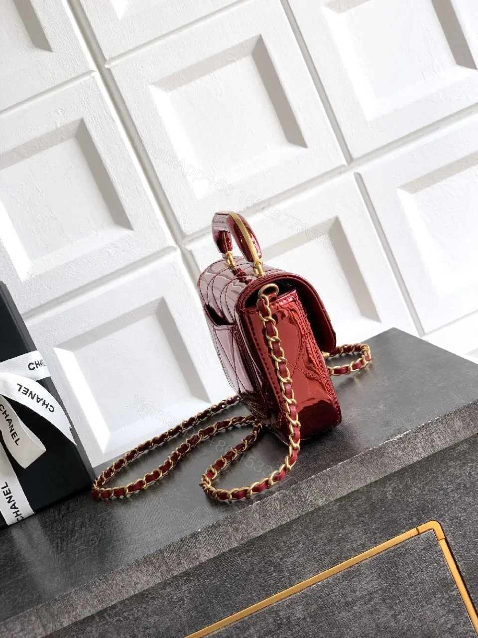 View 2 of Quilted Burgundy Mini Bag, Gold Clasp, Chain Crossbody