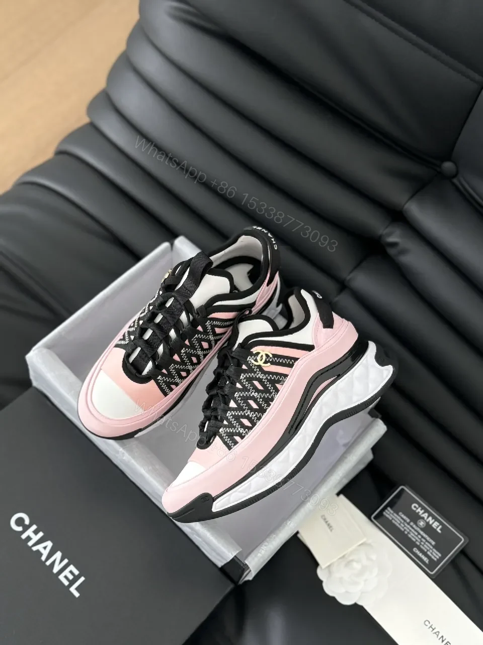 View 4 of Pink & Black Patterned Low-Top Sneakers with Luxe Details
