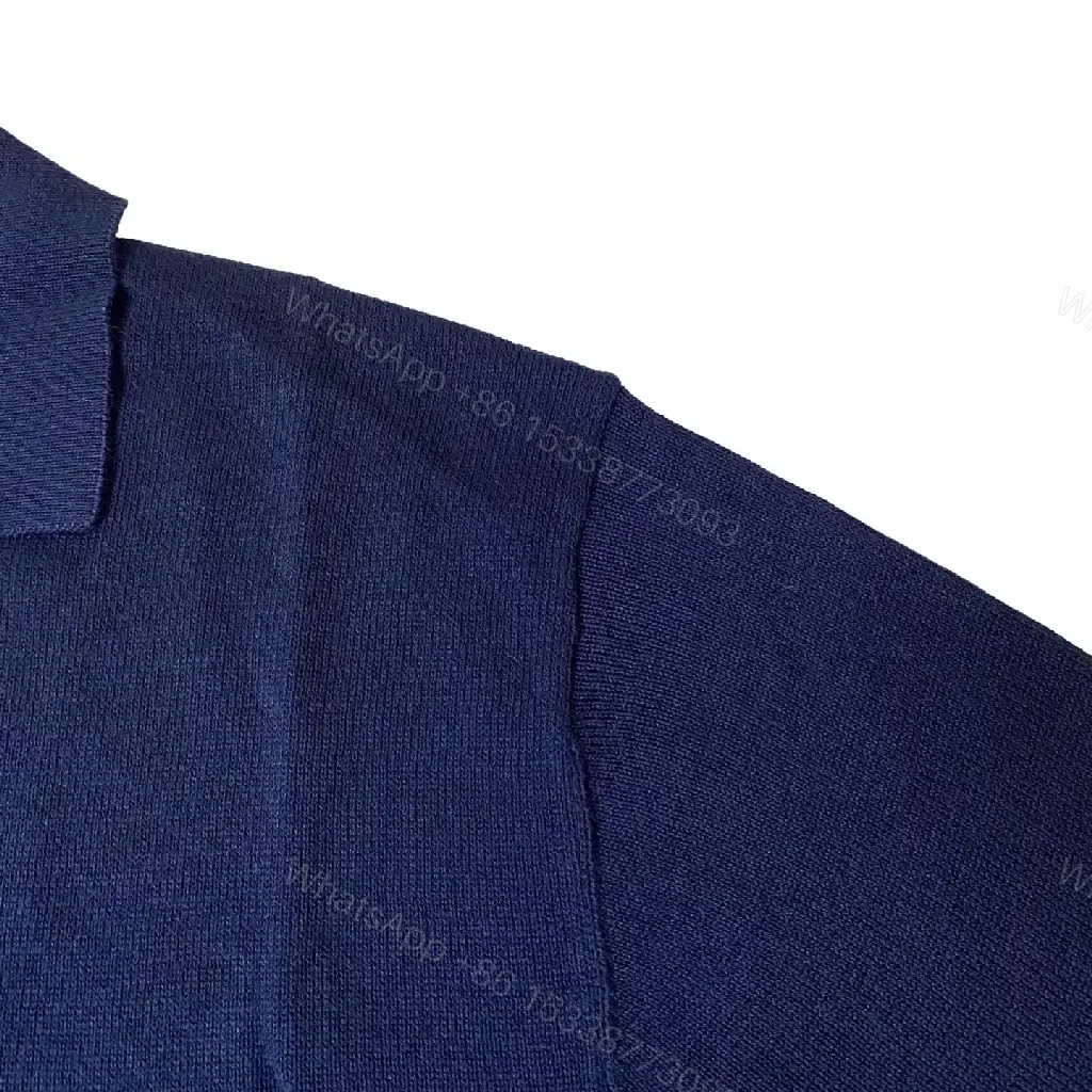 View 6 of Navy Knit Polo V-Neck Top with Crest Emblem, Short Sleeves