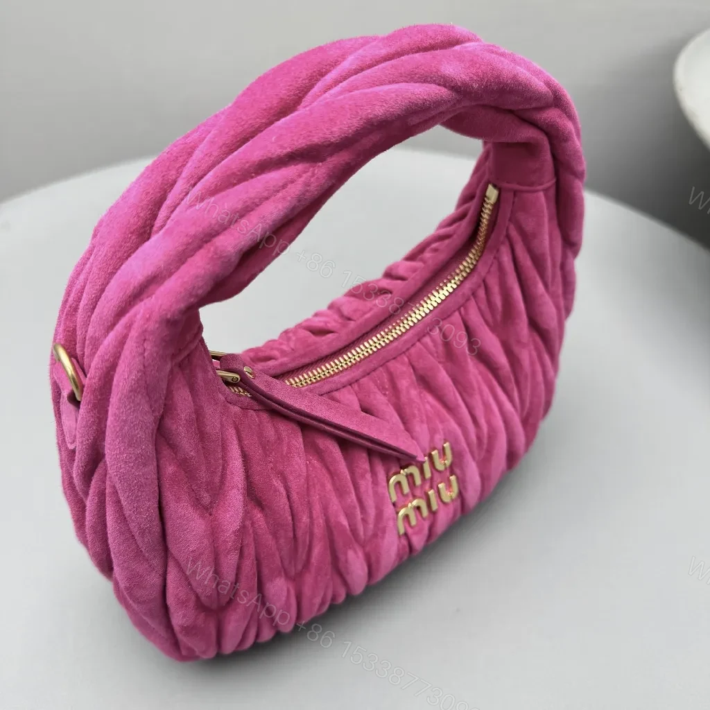 View 3 of Velvet Mini Bag: Fuchsia, Gold Logo, Top-Handle Style
