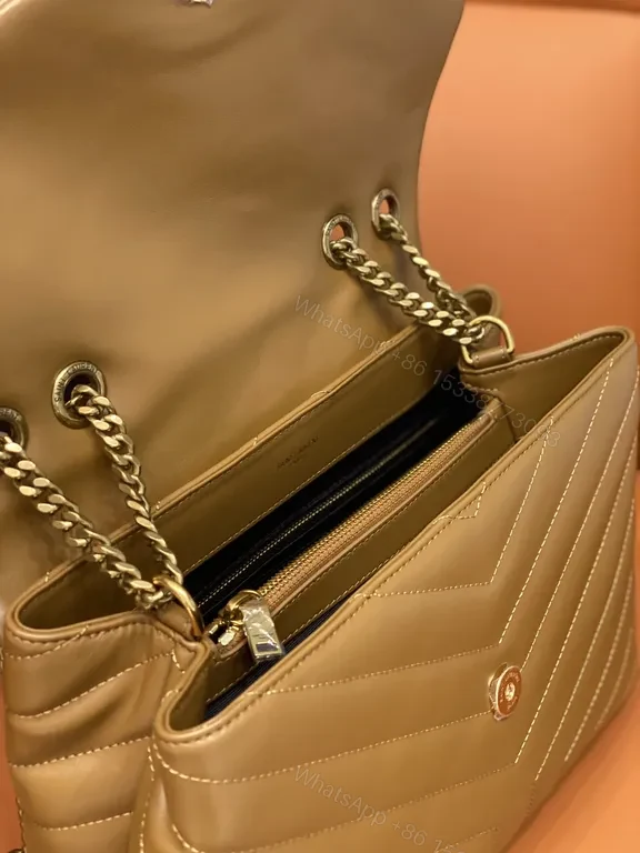 View 3 of Beige-Tan Calfskin Chevron Envelope Bag with Gold YSL Hardware