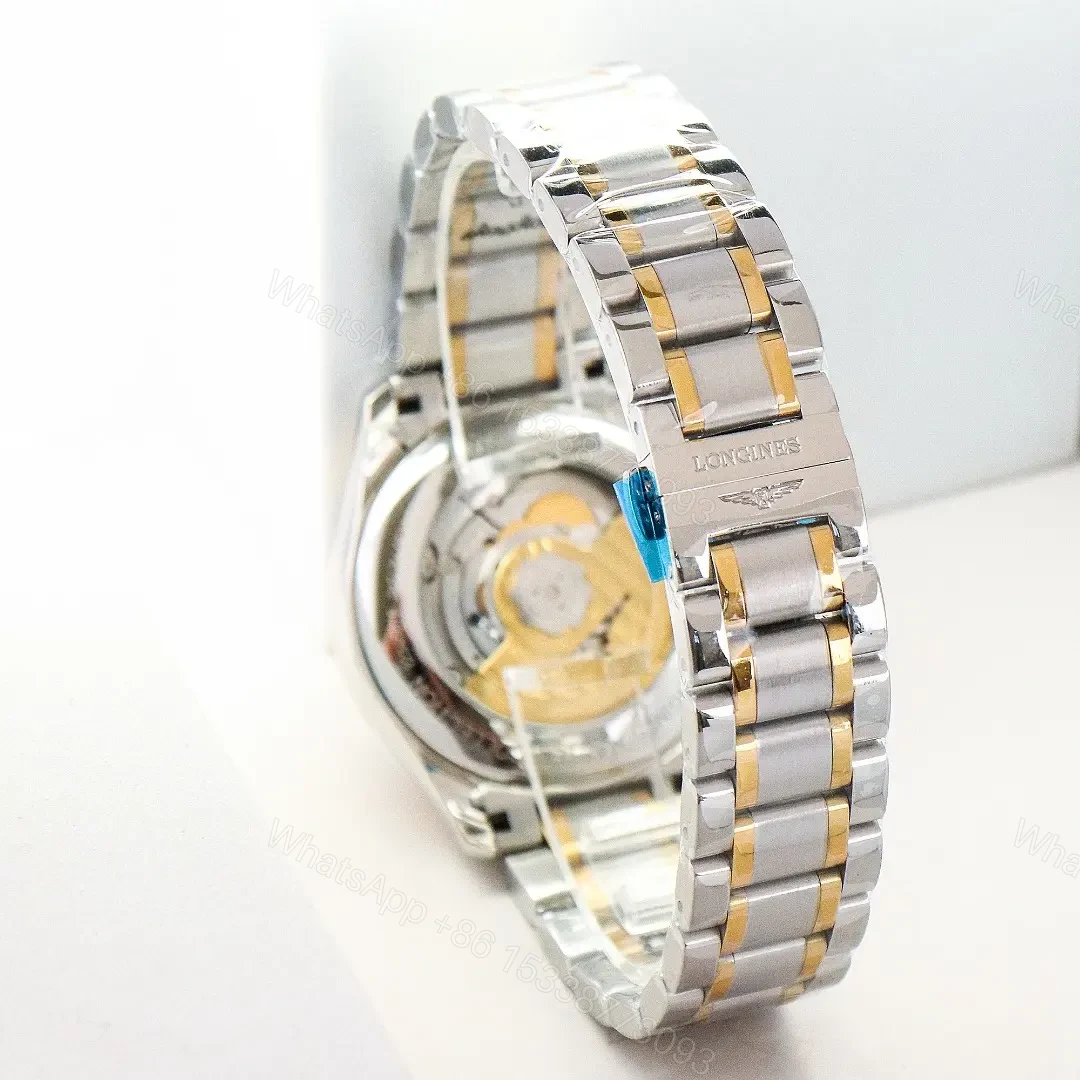 View 9 of Longines Master Classic Re Edition GMT Two Time Zone Watch White Dial Two Tone Stainless Steel and Rose Gold Bracelet 40mm Case Italian Grey Leather Strap Option