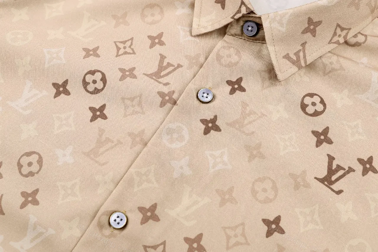 View 2 of Light Beige LV Monogram Floral Short-Sleeve Button-Up Shirt