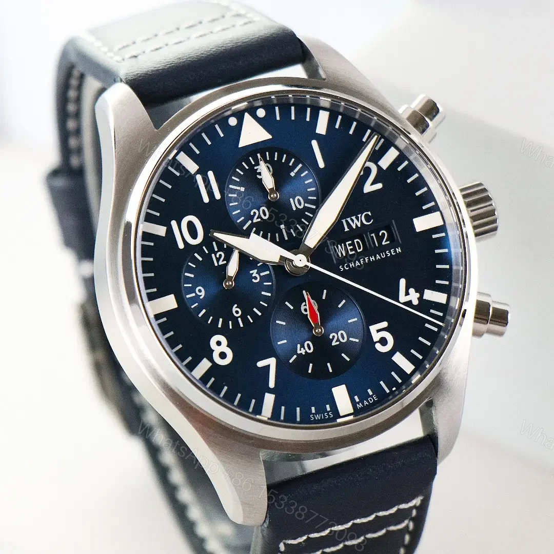 View 2 of IWC Pilot Chronograph Watch Blue Dial Black Leather Strap Ultimate 43MM IW378003
