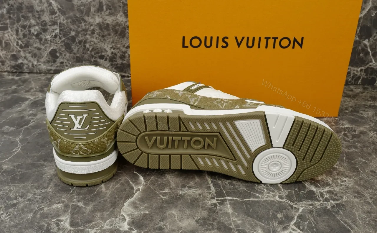 View 7 of Beige Leather High-Top Sneaker with LV Motif and Strap
