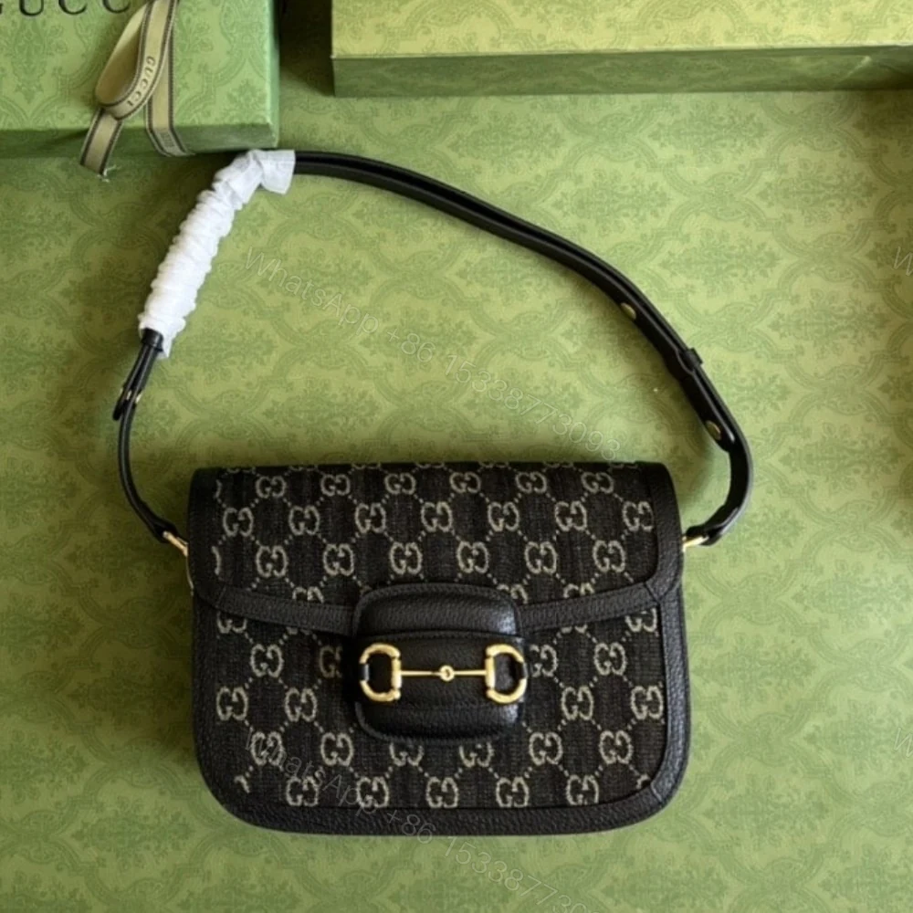 View 2 of SUMMER SET: GUCCI HORSEBIT 1955 ORIGINAL GG SHOULDER BAG BLACK IVORY & GG DENIM BASEBALL HAT BLACK