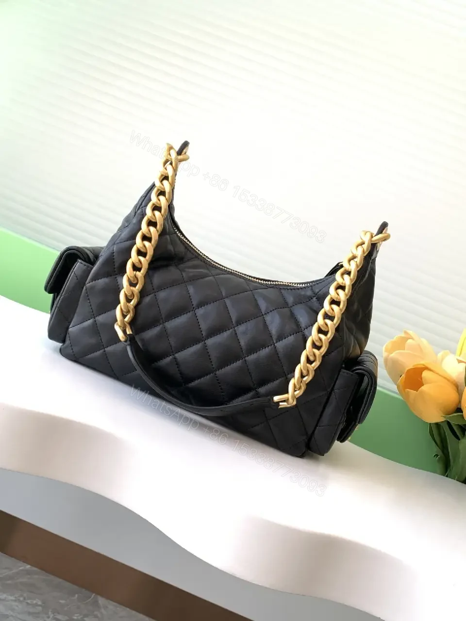 View 6 of Quilted Leather Shoulder Bag with Gold Hardware