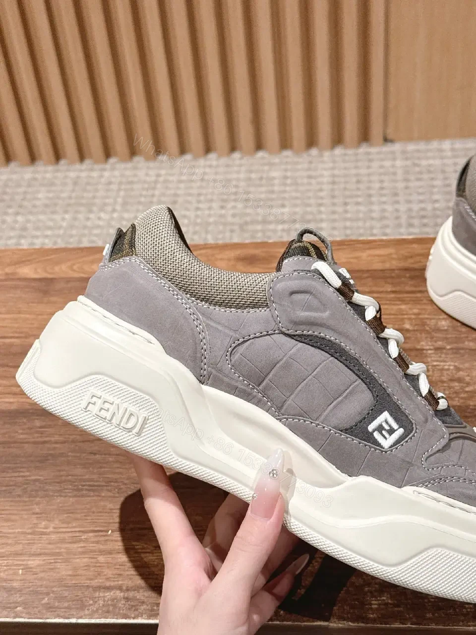 View 4 of Gray LeatherMesh Shoes Chunky Style Cushioned Sole Sneaker