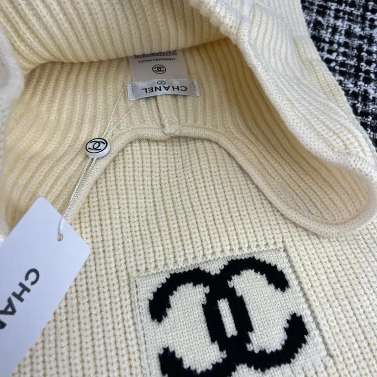 View 8 of Chanel Knit Set: Black & Cream, Signature Logo Hat & Scarf