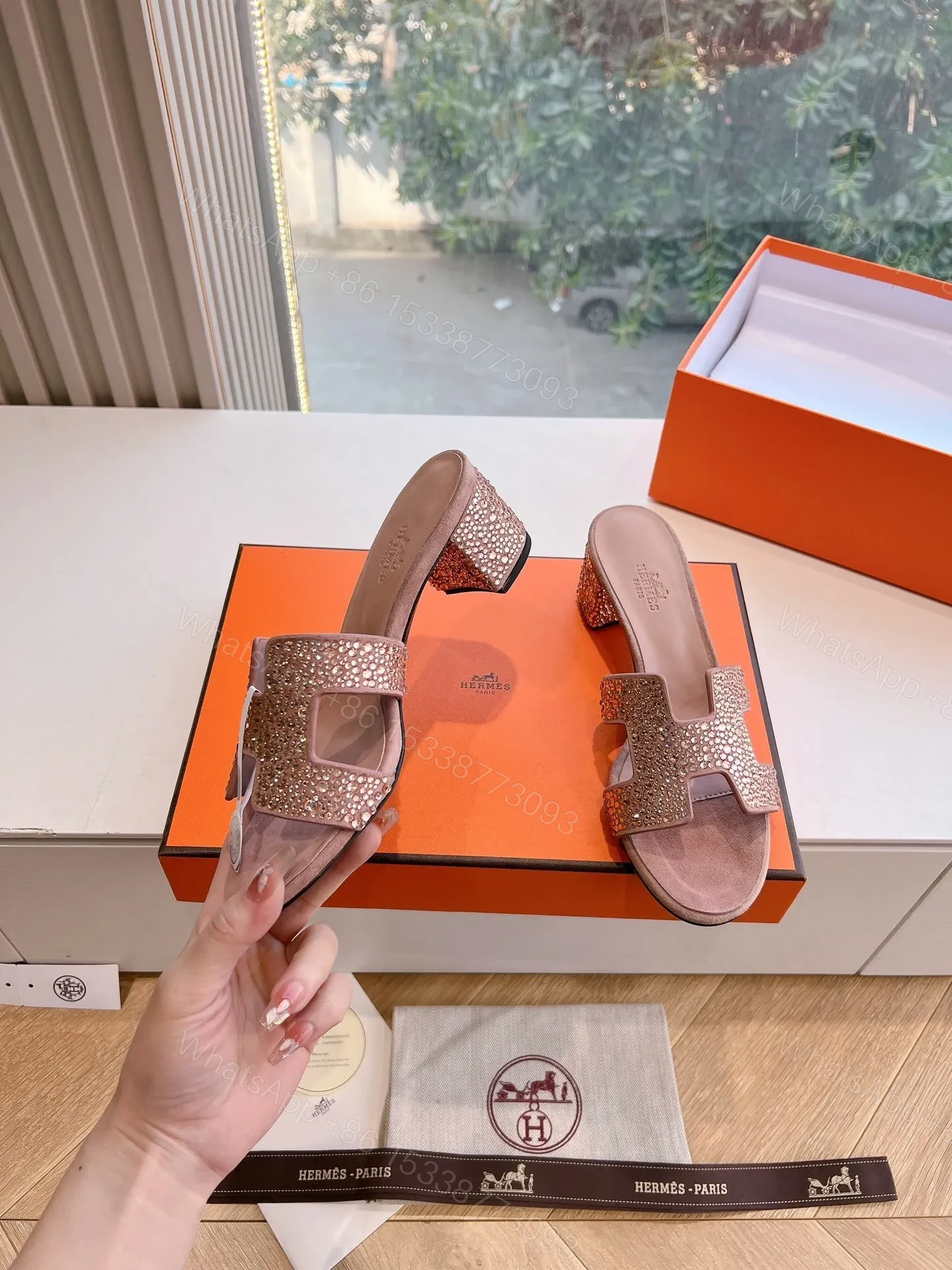 View 6 of Hermes Women Pink Suede Crystal-Embellished Mules