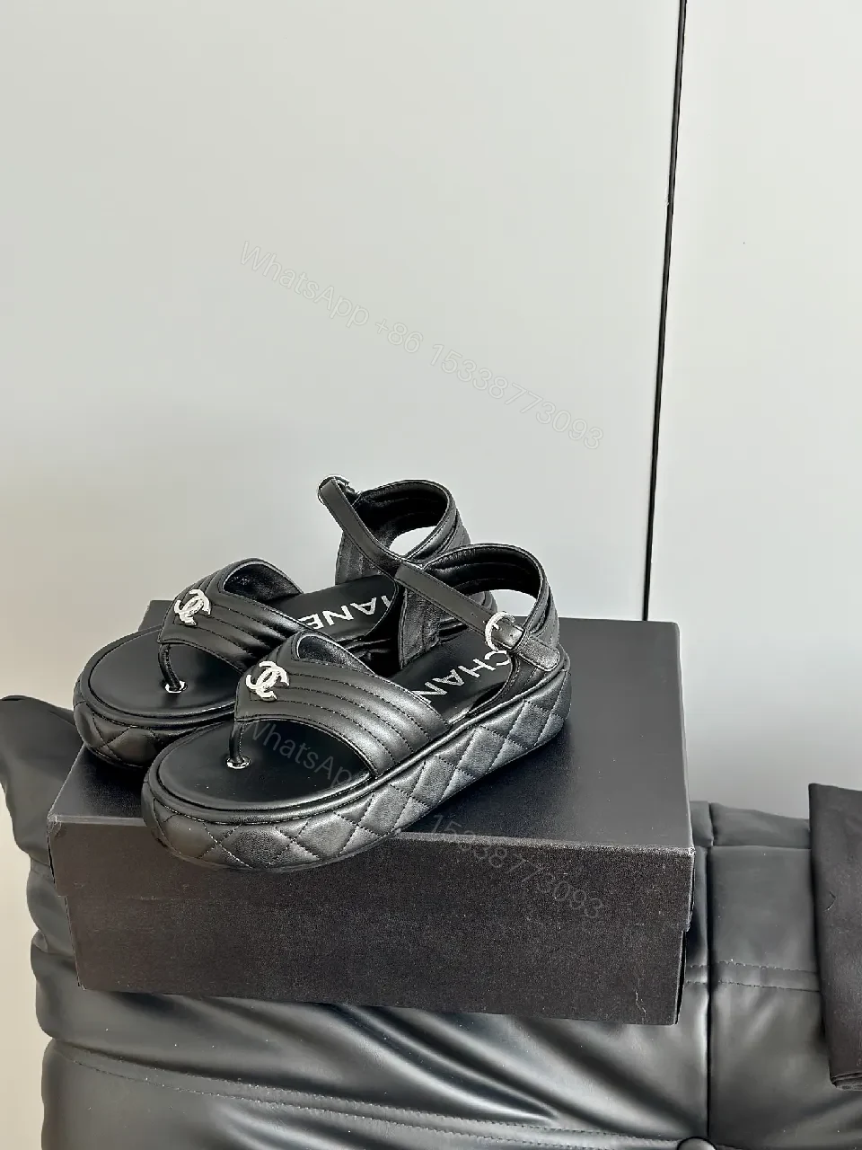 View 8 of Black Leather Quilted Sandals with Interlocking Detail, Platform Style