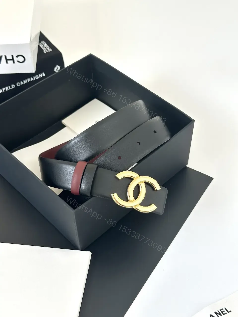 View 5 of Two-Tone Black/Burgundy Leather Belt with Gold Logo Buckle
