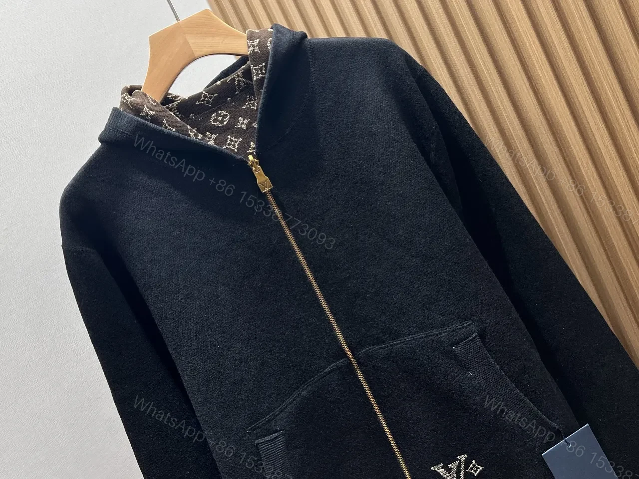 View 9 of Black Knit Zip Hoodie with Subtle LV Patch