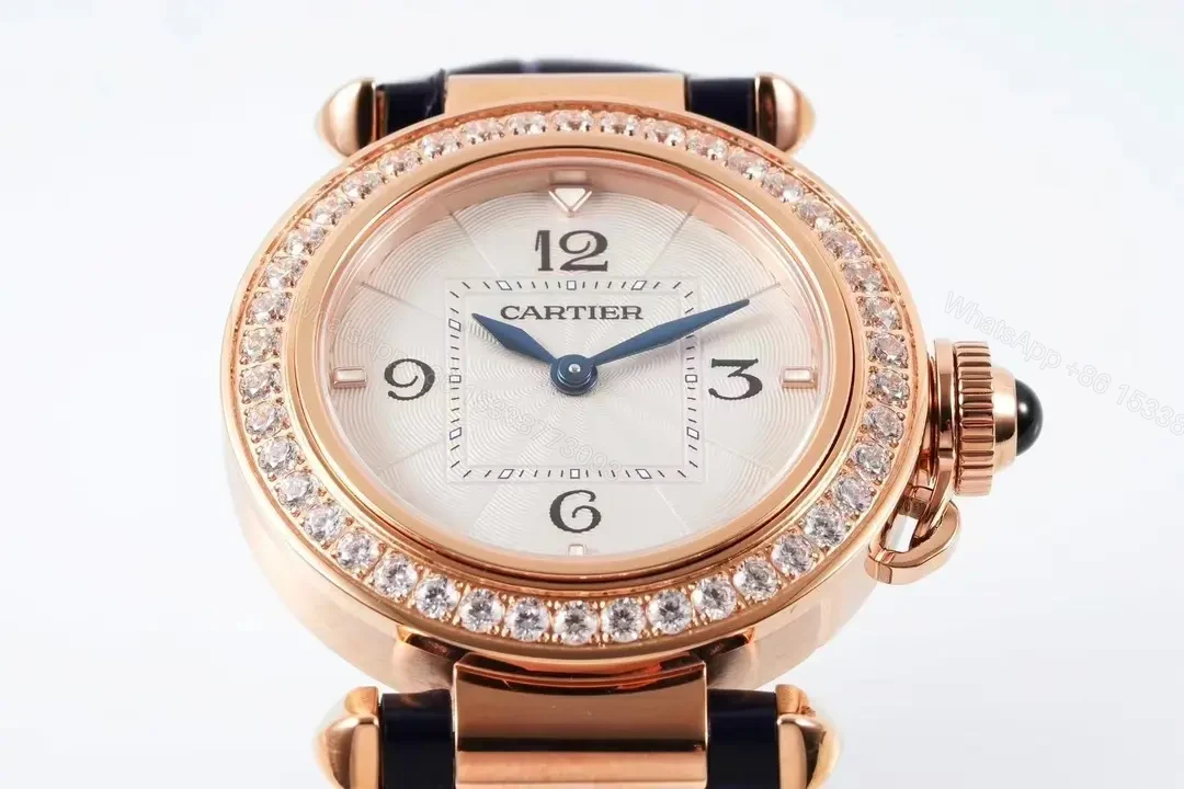 View 8 of GS Factory Cartier Pasha de Cartier Women’s Watch, 30mm Rose Gold Case with Diamond Bezel, Blue Leather Strap, Quick Change Feature