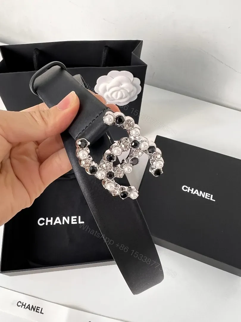 View 3 of Pearl Crystal Logo Belt – Black Strap, Luxe Everyday Style