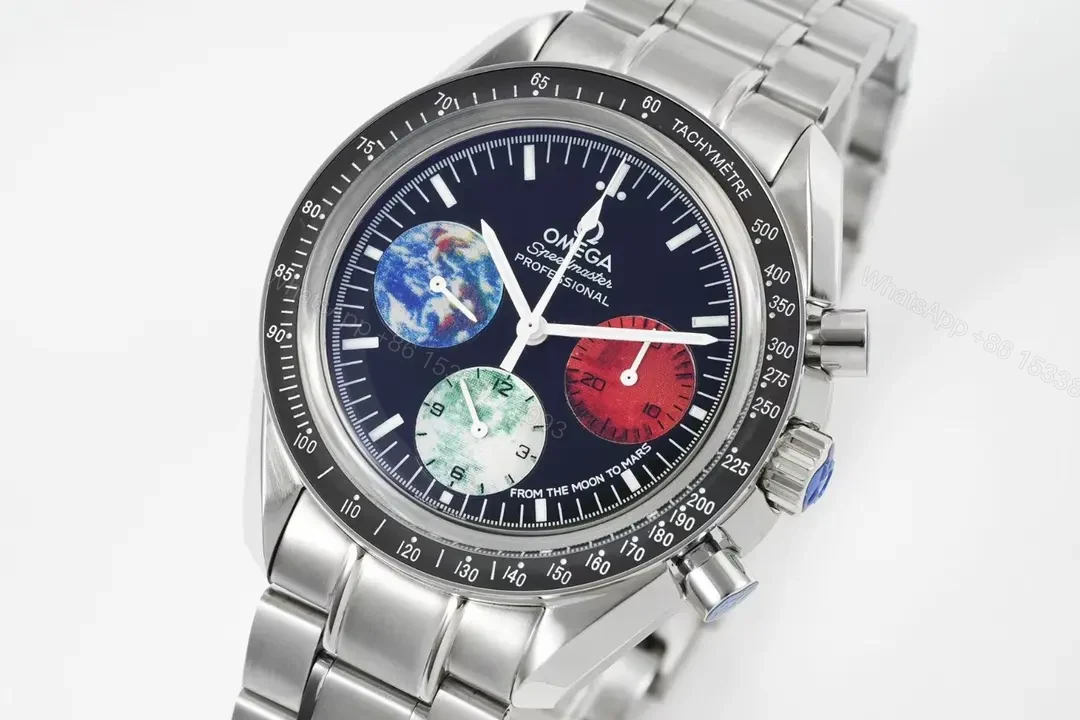 View 2 of Omega Speedmaster Professional Chronograph Automatic Watch Blue Dial Red and Green Sub dials Stainless Steel Bracelet 44mm