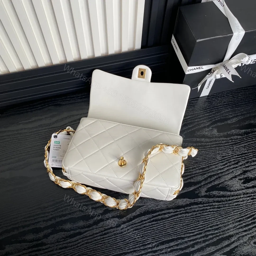 View 7 of CHANEL MEDIUM FLAP BAG 26 IN WHITE CALFSKIN GOLD DOUBLE C THICK CHAIN