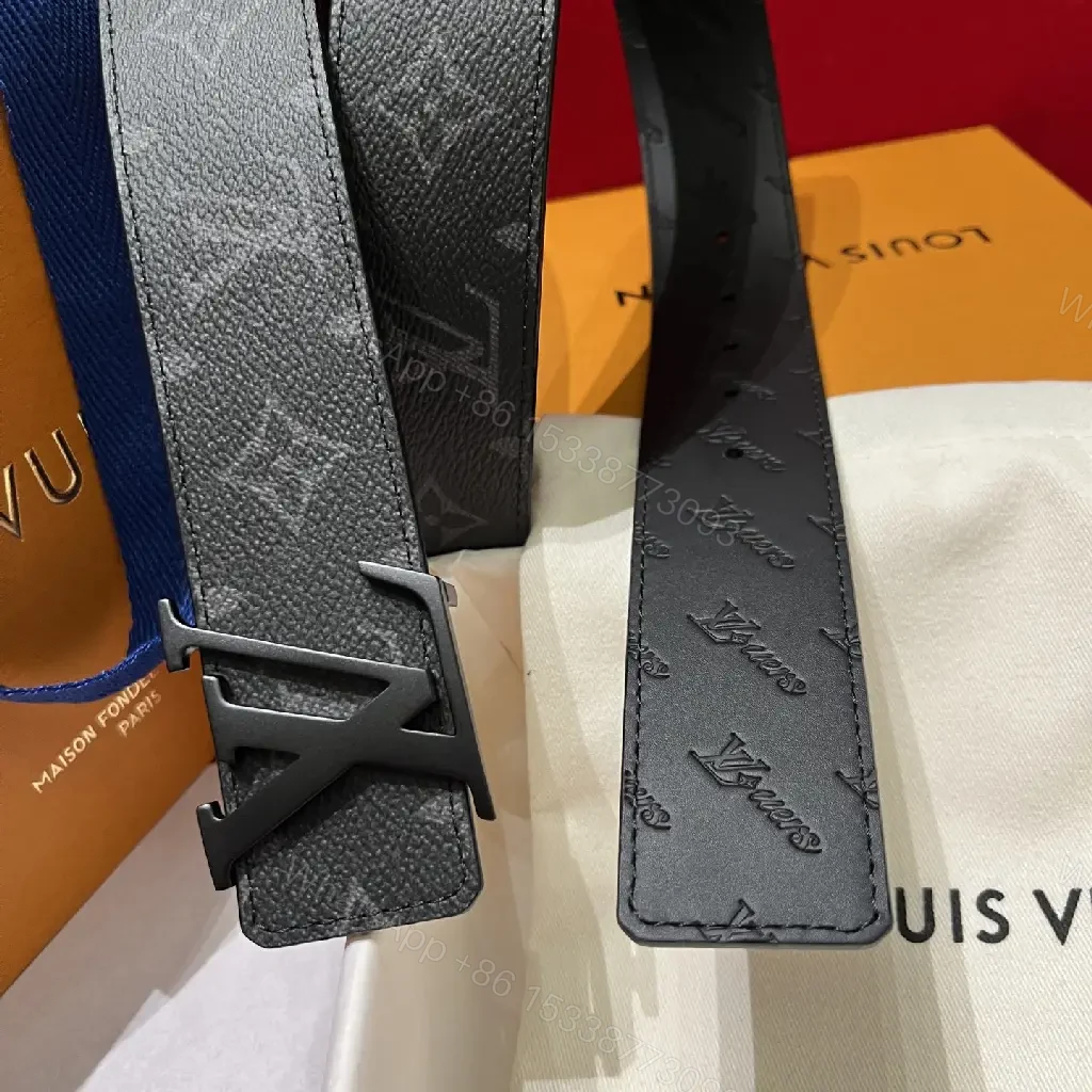 View 6 of Black Leather Belt, Embossed LV Motifs, Polished YSL-Style Buckle