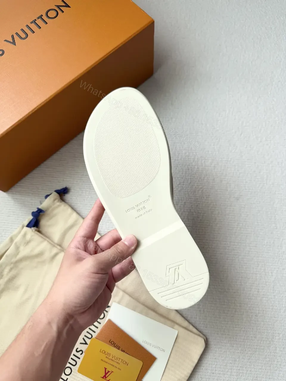View 5 of Soft-Tone LV-Inspired Suede Slip-On Sandal with Cushioned Footbed