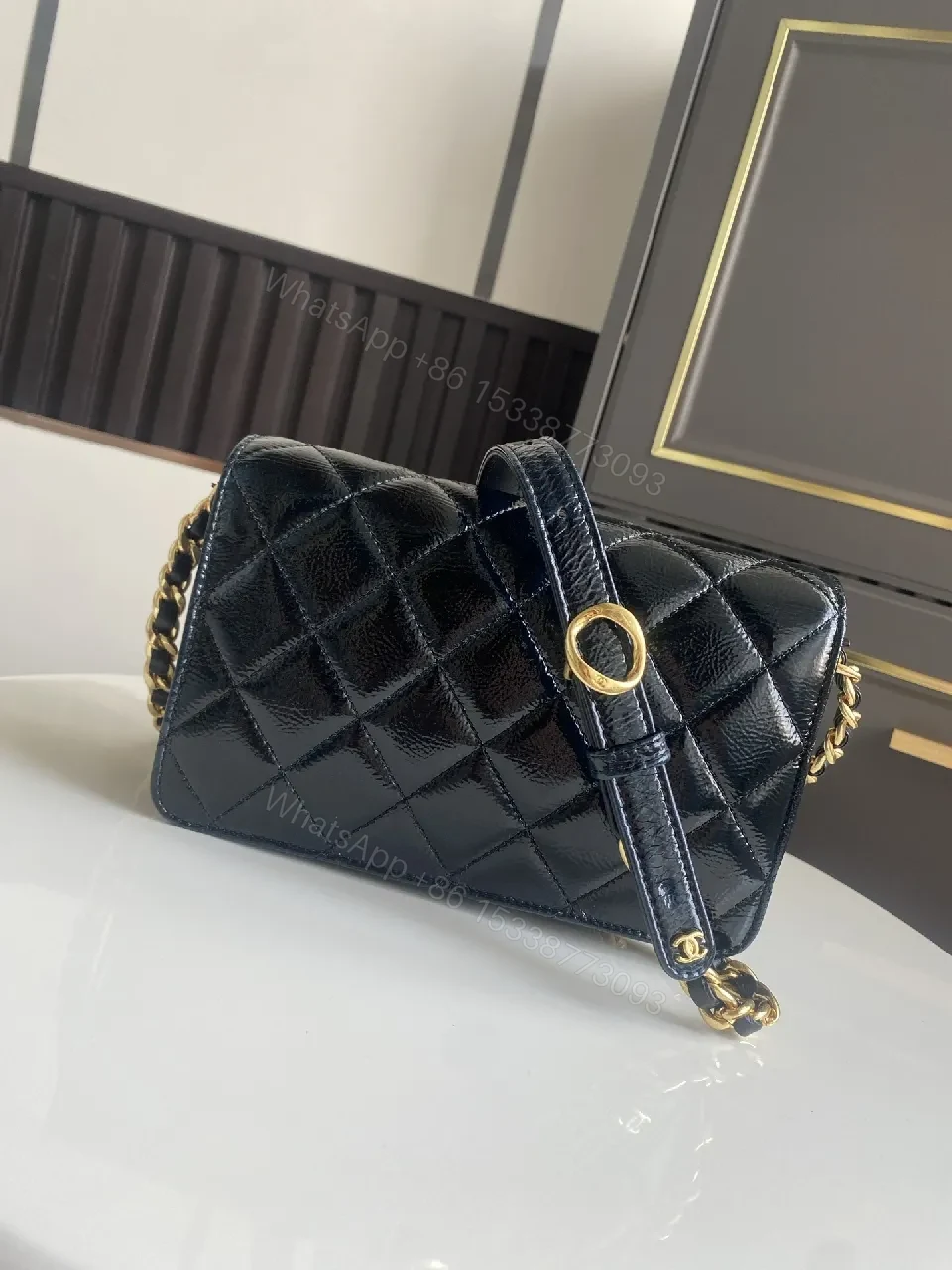 View 3 of Quilted Black Leather Bag with Gold Hardware, Classic Style