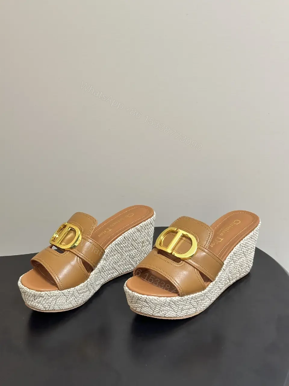 View 2 of Beige Leather Espadrille Wedge Sandals with Gold Buckle, Christian Dior Style