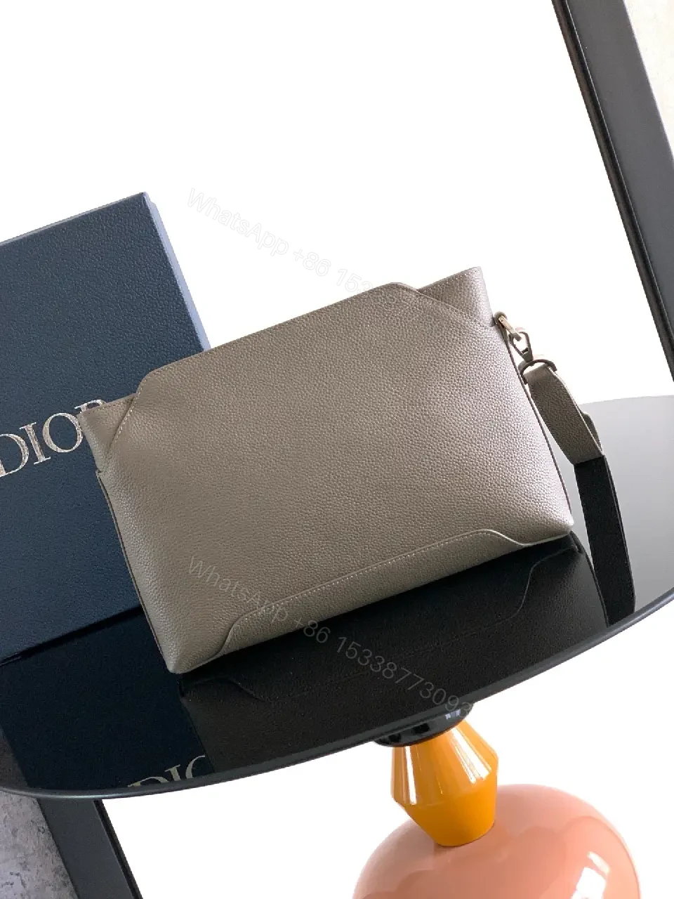 View 9 of Grey Leather Matte Dior Clutch with Top Handle and Wrist Strap