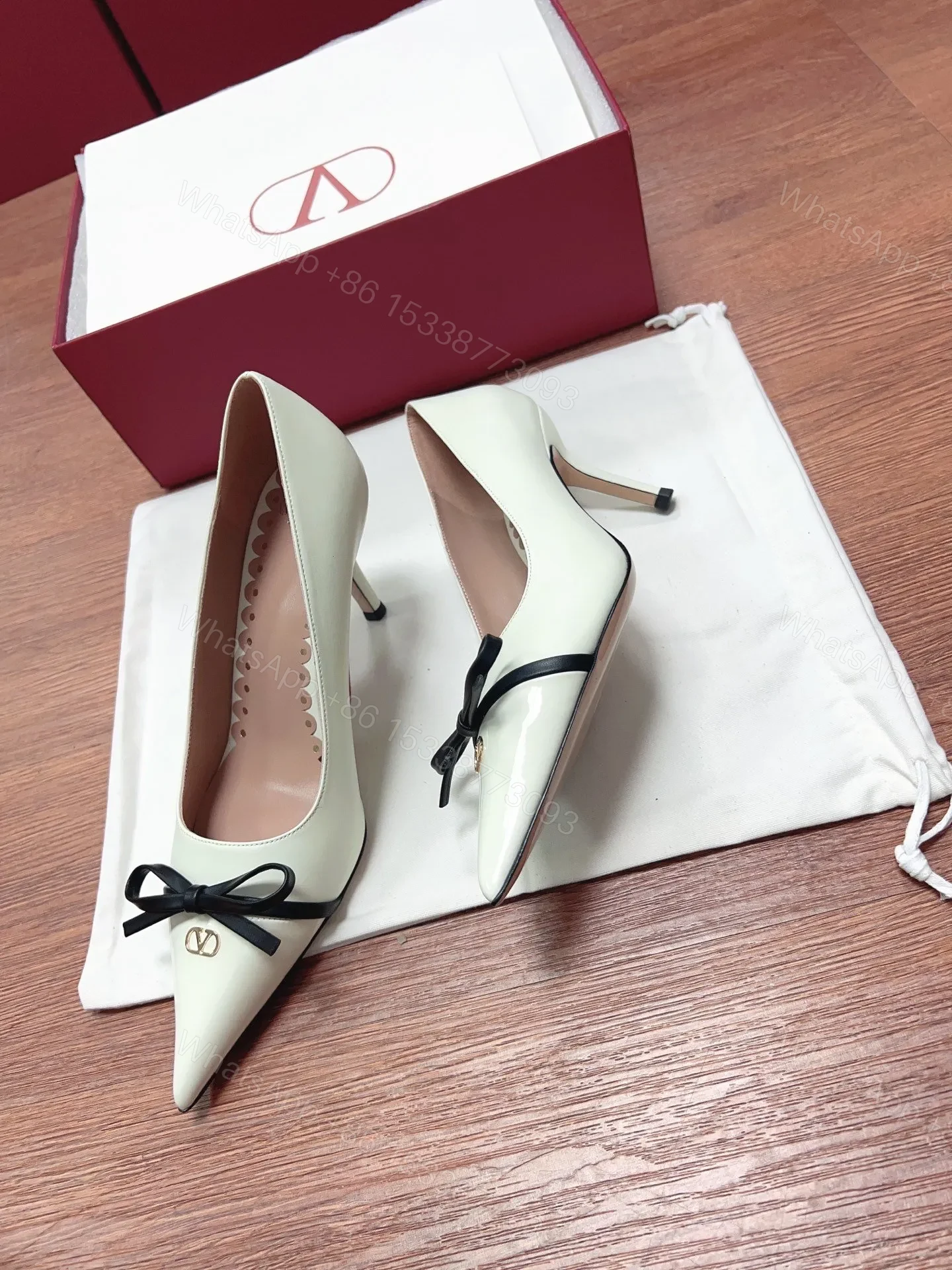 View 5 of Valentino Women White Leather Pointed Toe Pumps