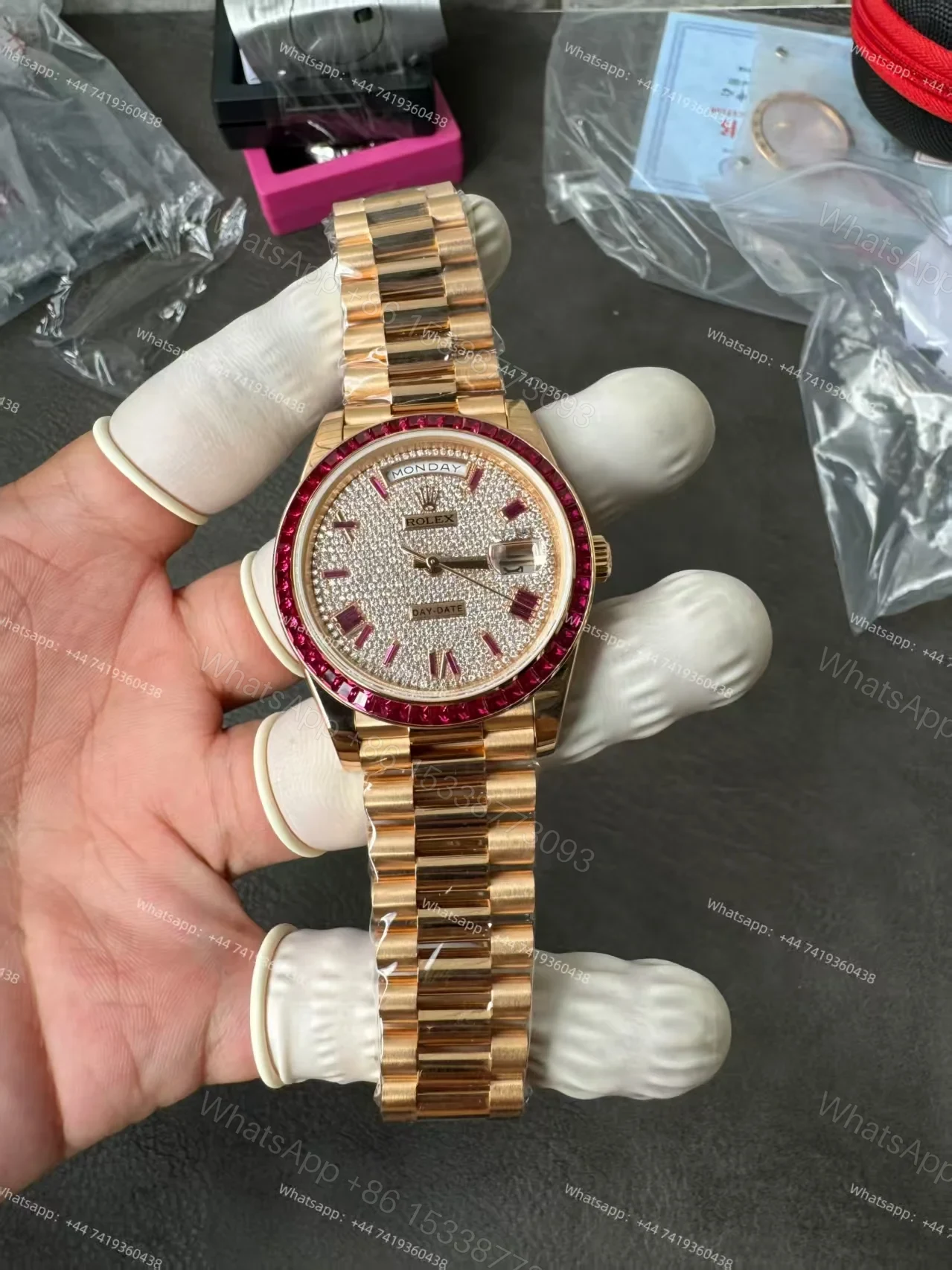 View 13 of Rolex Day-Date 228398TRU 1:1 Custom Edition Ruby & Moissanite Diamond Dial and Bezel 40MM 3255 Movement Super Clone Watch