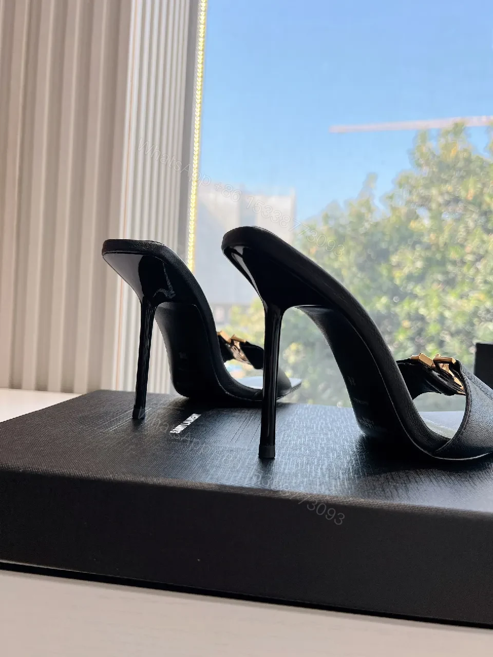 View 8 of Black Satin Mules with YSL Gold Emblem - Luxe Everyday Glam