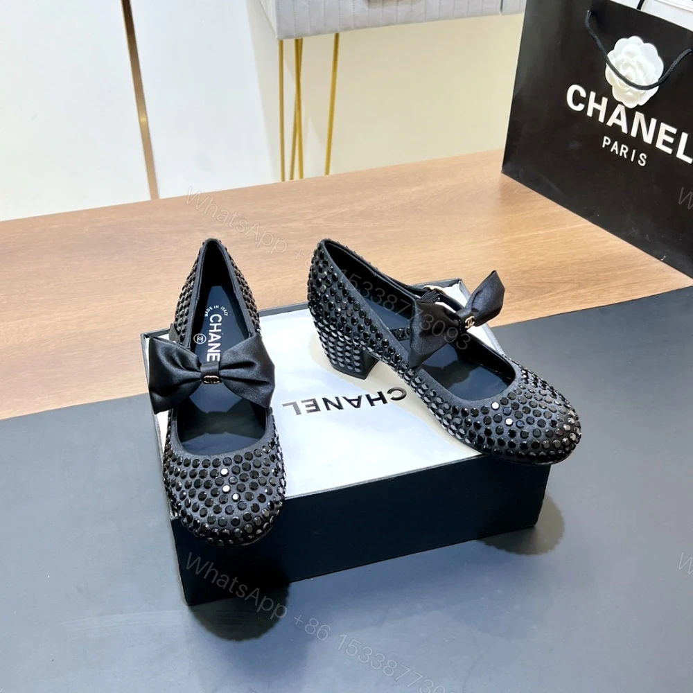 高仿Chanel*G45749B緞子水鑽圓頭單鞋黑色4.5CM免檢版 — view 1