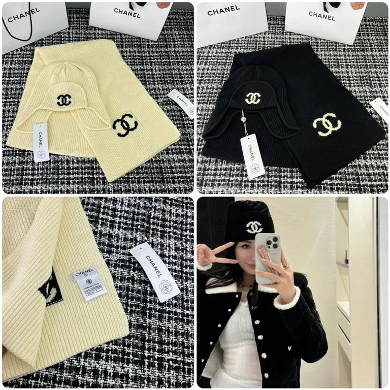 View 6 of Chanel Knit Set: Black & Cream, Signature Logo Hat & Scarf