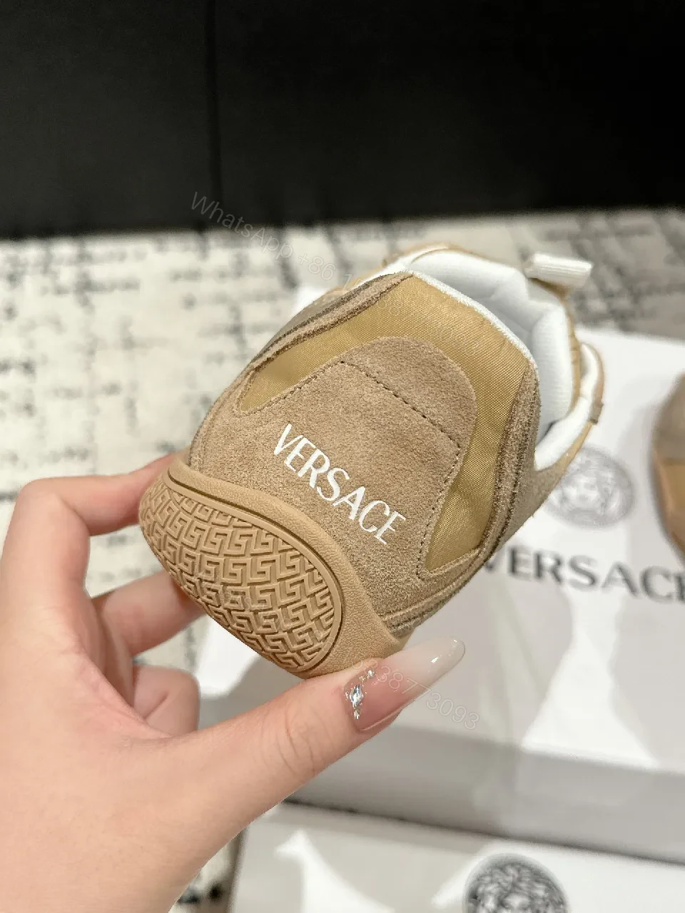 View 6 of Beige Suede-Mesh Low-Top Luxury Sneakers with Sculpted Details