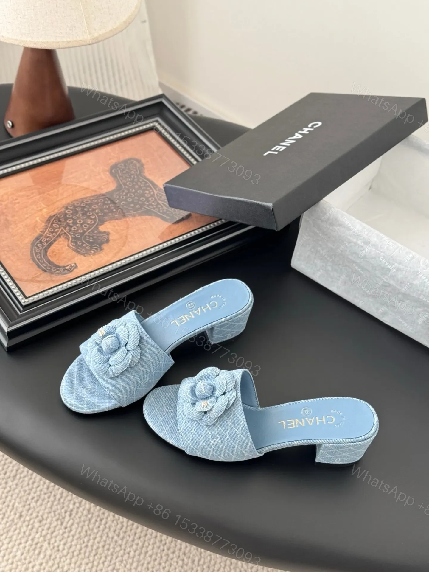 View 2 of Chanel Women Light Blue Fabric Floral Slide Sandals
