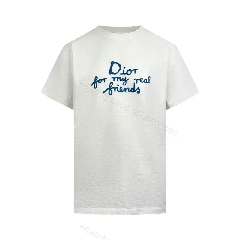 White Cotton Tee - Handwritten Blue Dior Print, Relaxed Fit, Easy Luxury — view 1