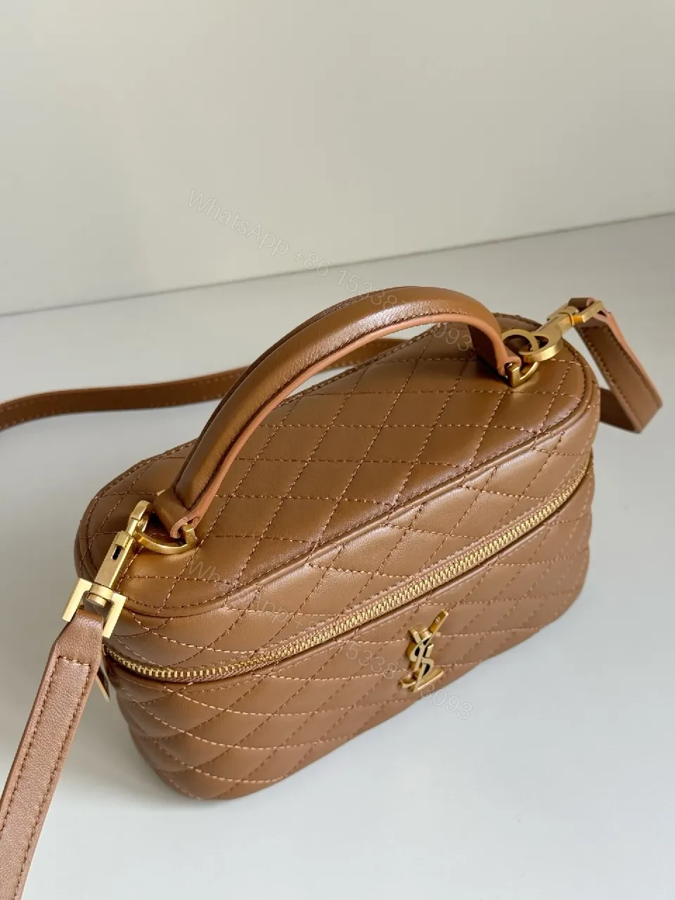View 5 of Quilted Tan Mini Bag with Gold Hardware, Crossbody Style
