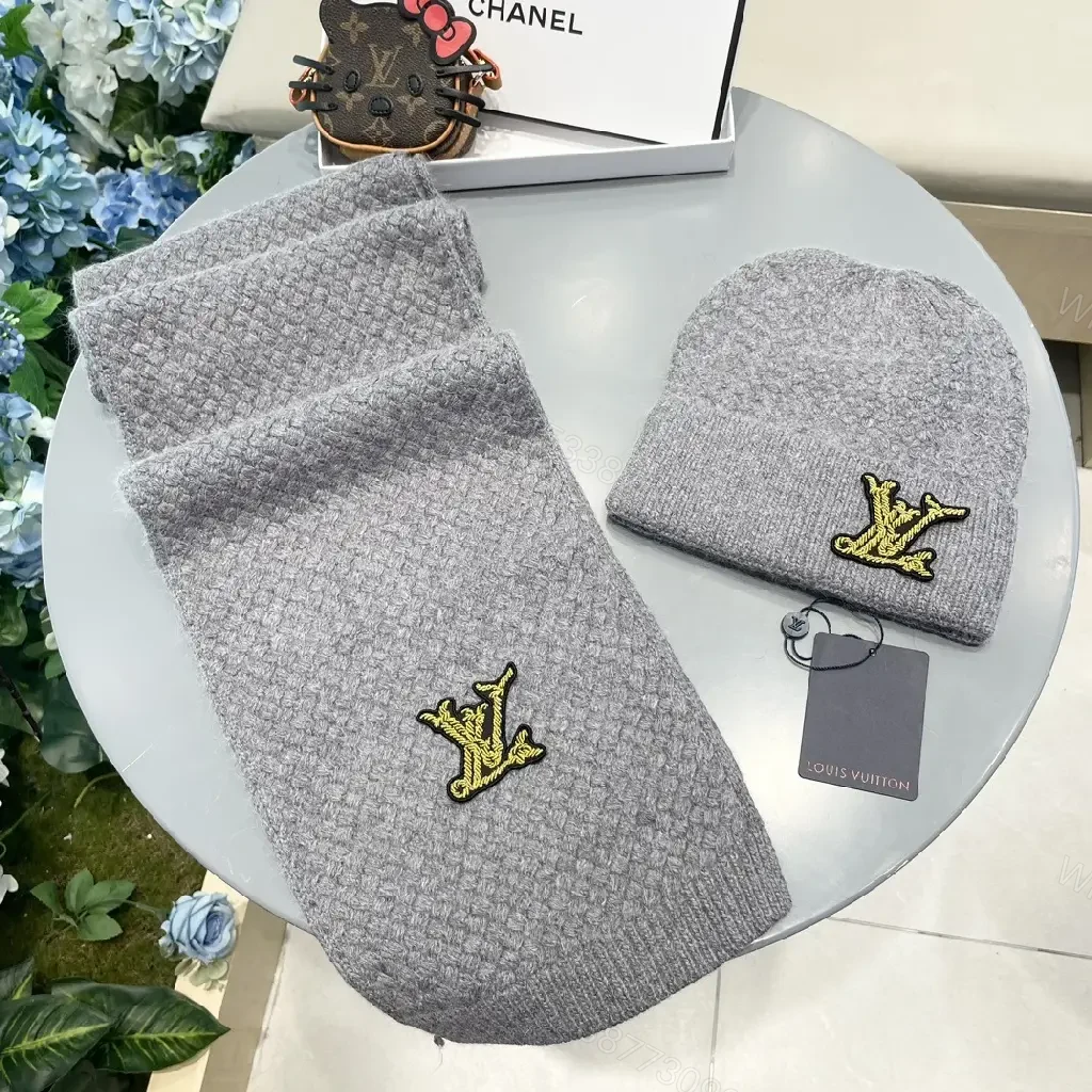 View 6 of Grey Knit Beanie & Scarf Set: Subtle LV-Inspired Luxury