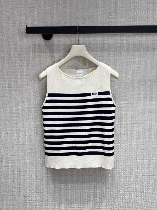 White Navy Stripe Sleeveless Knit Tank Top - Dior Logo Patch Upgrade — view 1