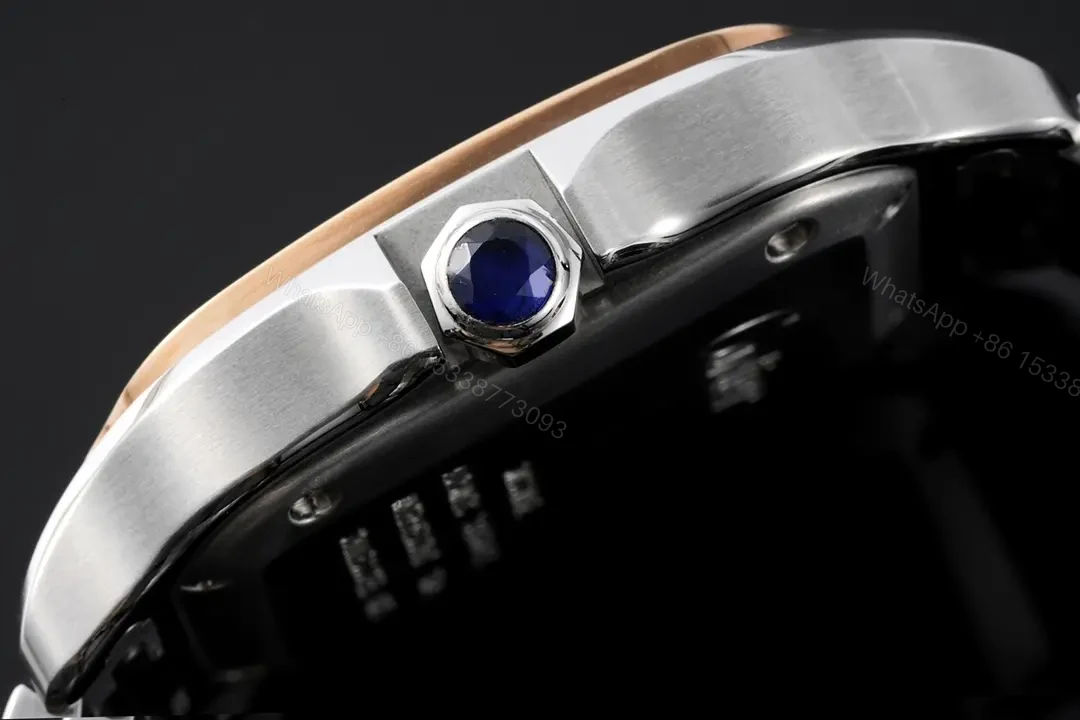 View 3 of JF Factory Santos de Cartier Women’s Watch – Stainless Steel and Rose Gold Case, White Roman Dial, Blue Steel Hands, Sapphire Crystal, Interchangeable Stainless Steel and Leather Straps, QuickSwitch System, 35.1mm, 100m Water Resistant