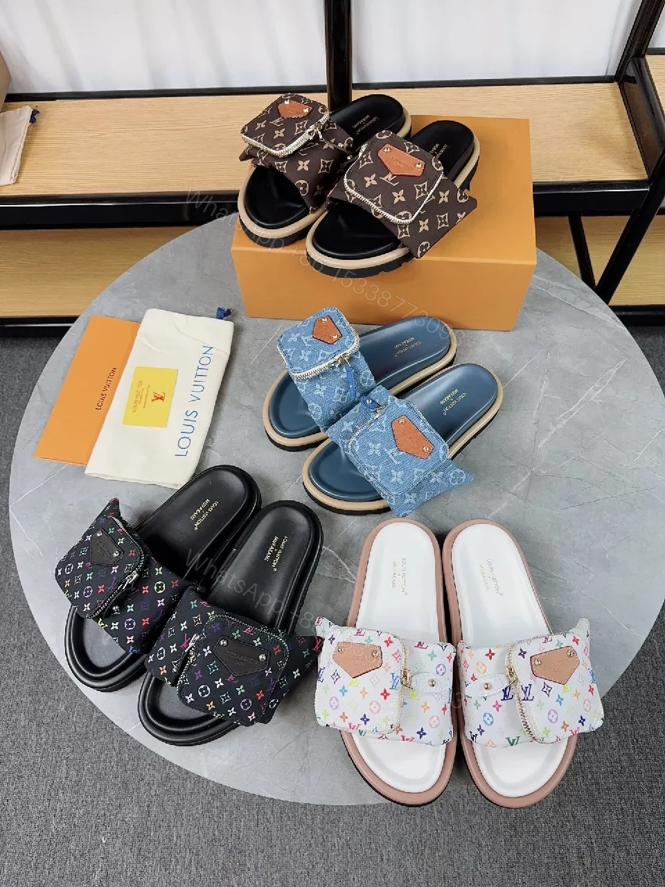 View 2 of Multicolor LV-Inspired Slide Sandals with Cushioned Footbed