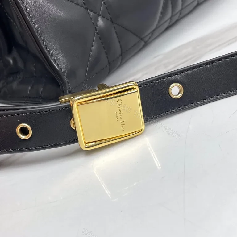 View 7 of Black Leather Quilted Handbag with Gold Dior Emblem - Luxury Everyday