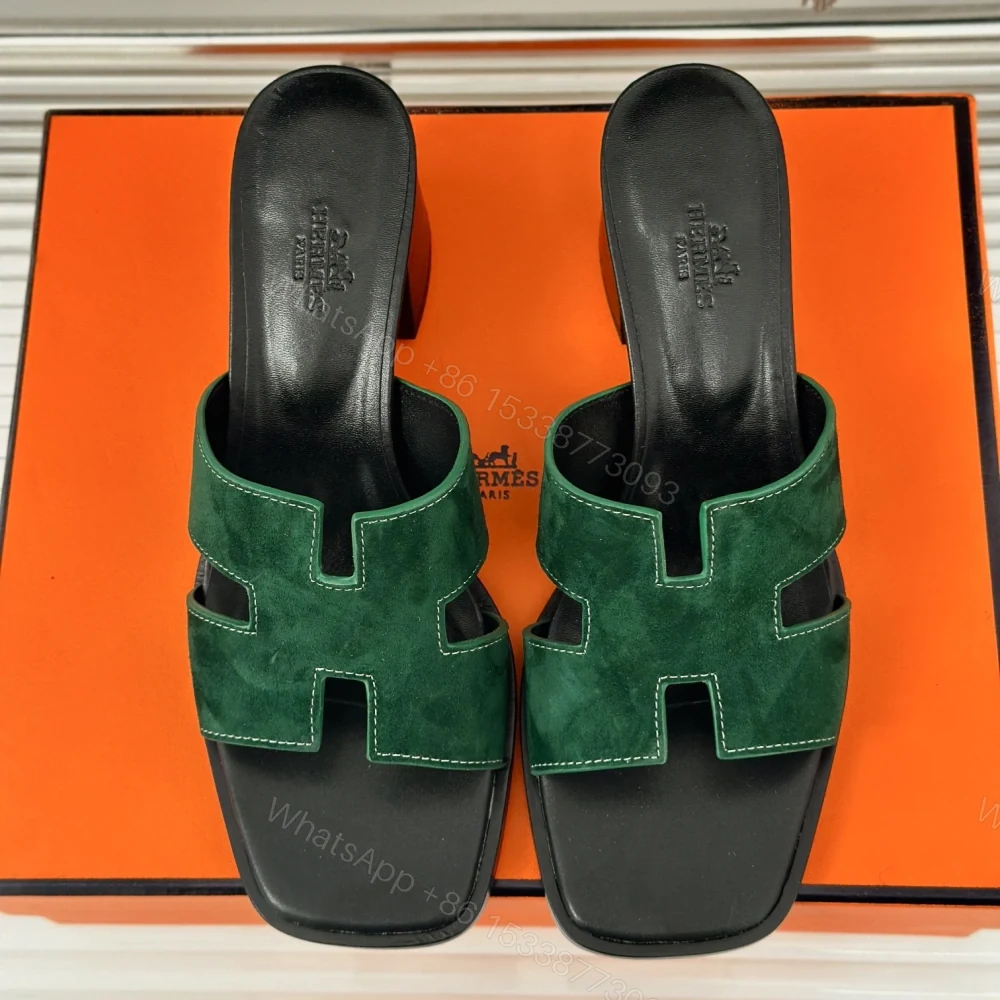 高仿Hermes*H222110ZI0經典H中踭拖鞋羊京面料綠色5CM免檢版 — view 1